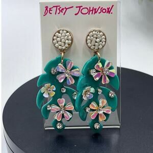 Betsey Johnson Tropical‎ Leaf Flowers Crystals Green Dangle
Earrings New